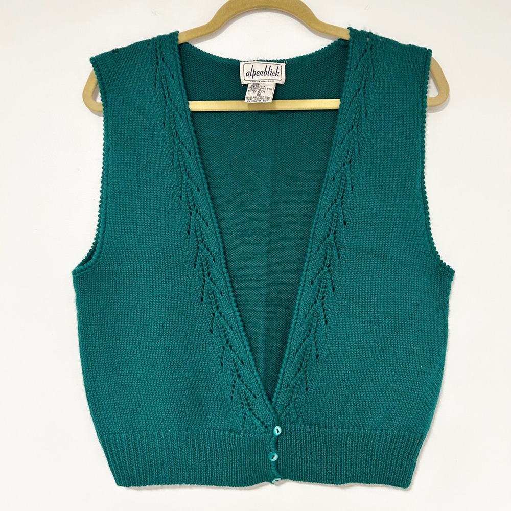 Alpenblick Vintage Wool Knit Sweater Vest Teal Green V-Neck Pointelle 38 Small